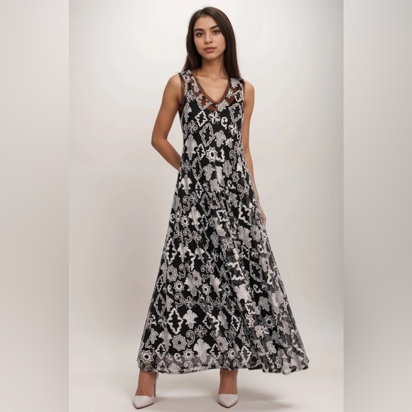 Biya Johnny Was Chloe Mazzy Bias Embroidered Mesh Maxi Dress Black and White - Picture 11 of 12